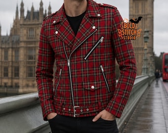 Red Tartan Biker Jacket, Plaid Motorcycle Jacket, Gothic Punk Jacket, Scottish Alternative Fashion, Belted Zip Front Coat, Statement