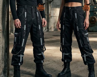 Techwear Cargo Pants – Cyberpunk Strap Pants with Chains, Gothic Industrial Streetwear Trousers