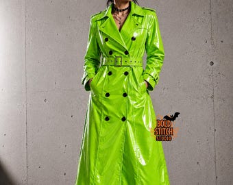 Gabardina de vinilo verde neón: chaqueta impermeable con cinturón