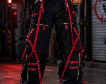Black Red Techwear Cargo Pants | Gothic Punk Strap Pants | Cyberpunk Bondage Trousers | Harajuku Streetwear Pants | Unisex Alt Fashion