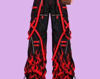 Gothic Flame Cargo Pants, Black Wide Leg Trousers, Neon Green Techwear Pants, Punk Streetwear Pants, Alternative Rave Festival Unisex