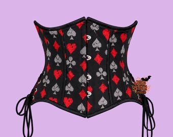 Playing Card Corset, Red Black Underbust Corset, Gothic Corset Top, Card Print Waist Corset, Alternative Fashion, Custom Size