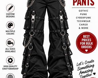 Bulk Gothic Cargo Pants Wholesale | Punk Cyberpunk Techwear Pants | Custom Strap Chain Trousers for Groups Clubs & Brands