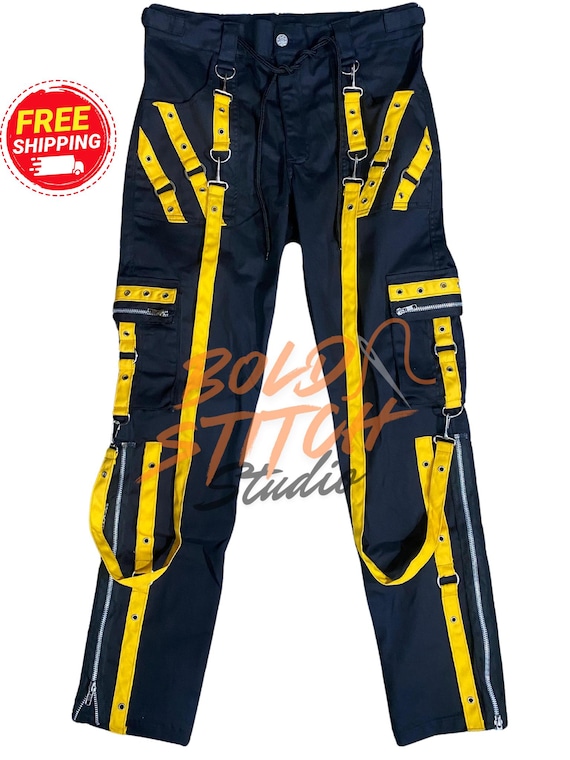 Black Rave Techwear Pants With Yellow Straps – Cyberpunk