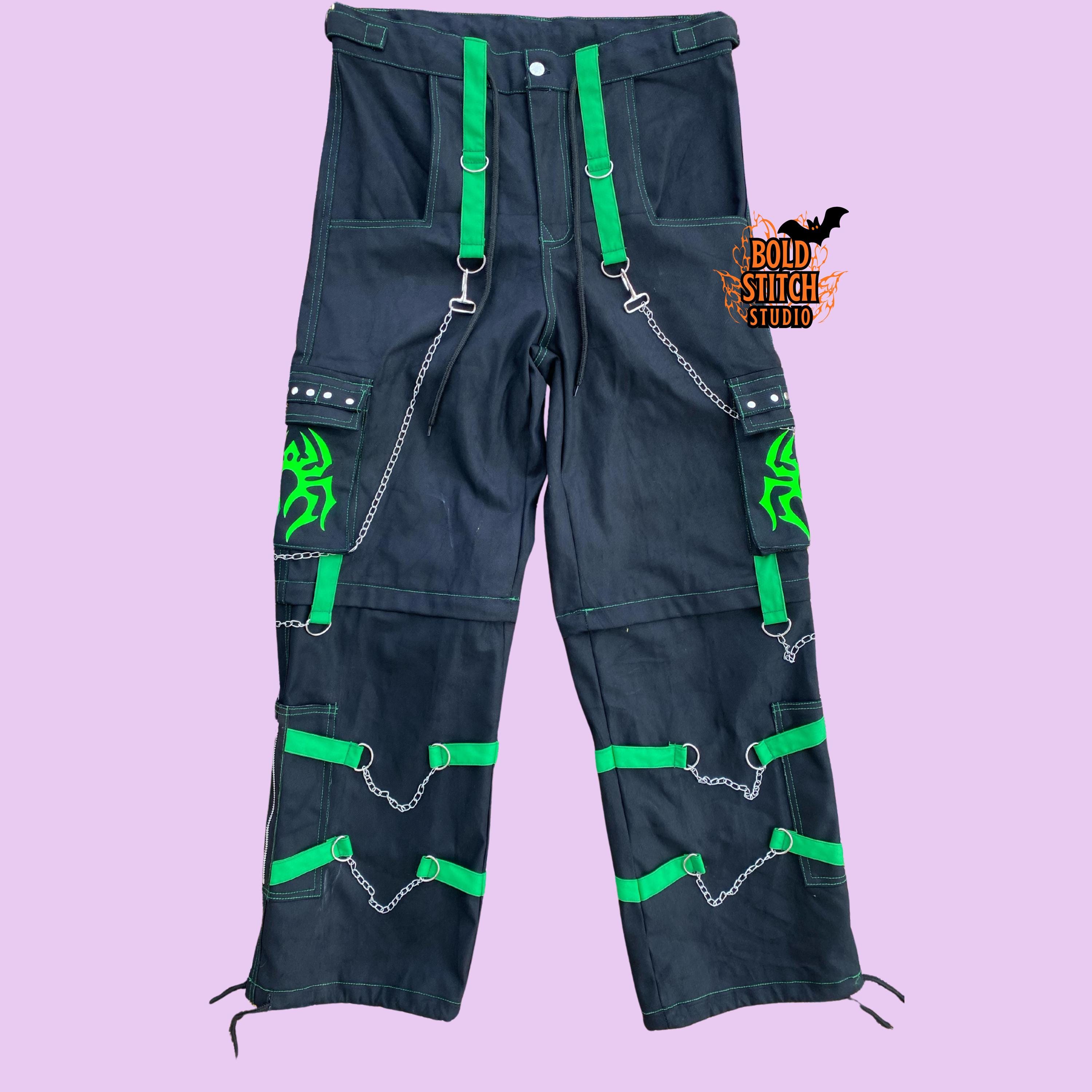 Cyberpunk Cargo Pants Black Green Strap Chain | Techwear