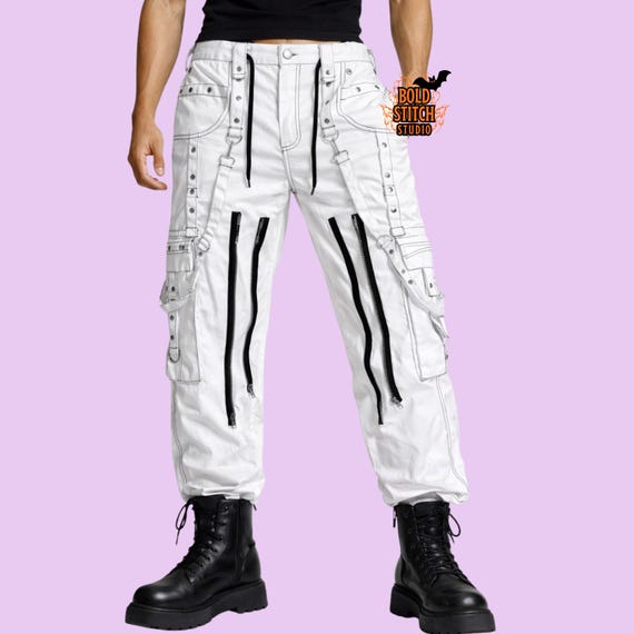 White Techwear Cargo Pants, Cyber Goth Streetwear Trousers