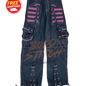 Cyber Goth Cargo Pants – Industrial Fashion for Raves & Streetwear, Strapped Techwear Pants Black and pink