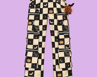 Halloween Checkered Cargo Pants, Pumpkin Bat Spiderweb Trousers, Gothic Wide Leg Pants, Spooky Alternative Streetwear, Unisex Pants