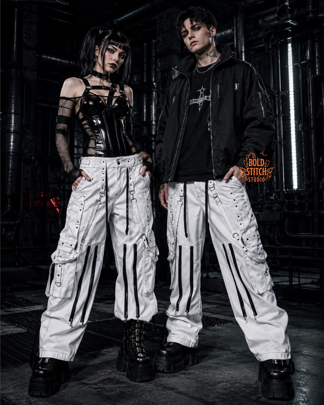 White Techwear Cargo Pants, Cyber Goth Streetwear Trousers