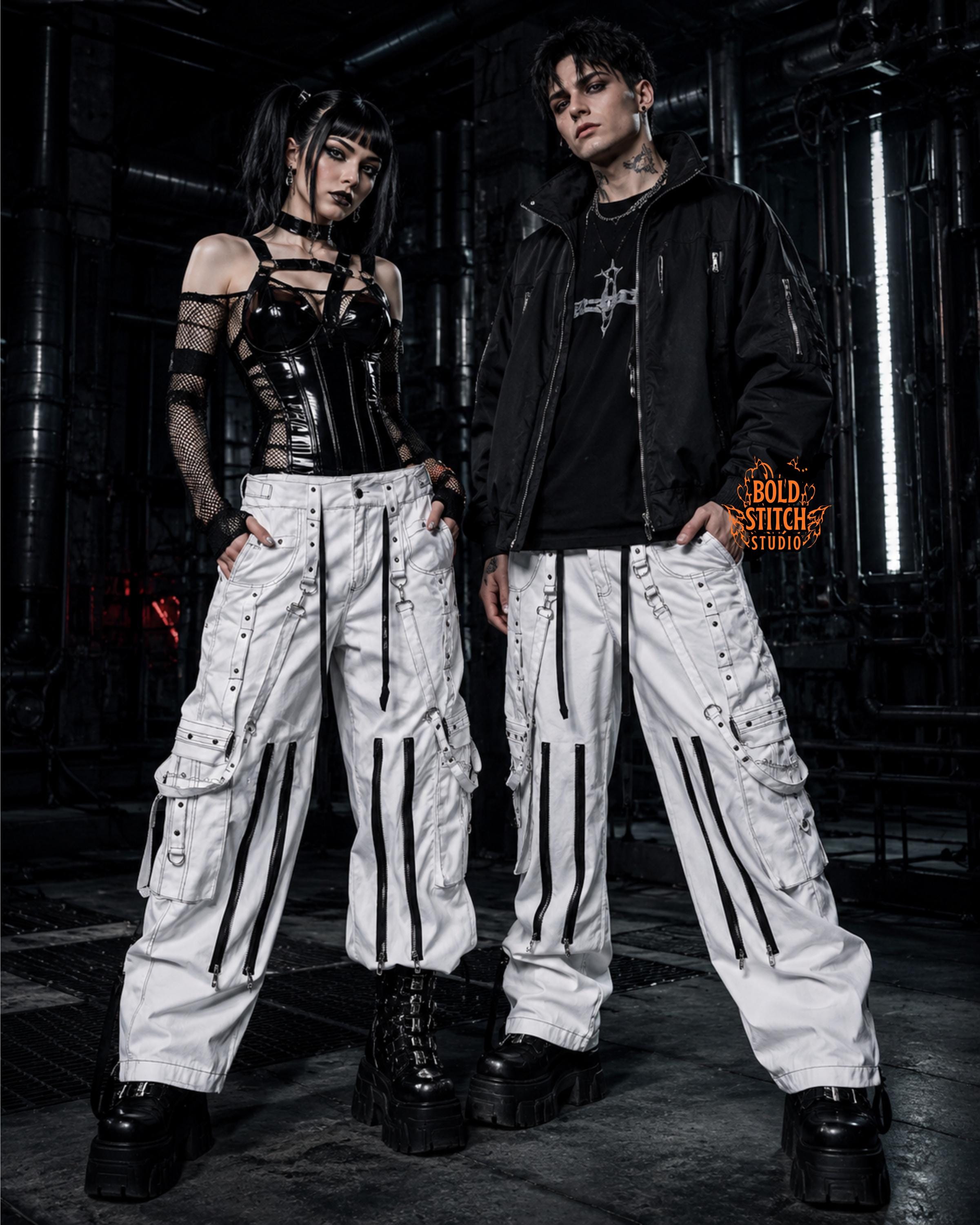 White Techwear Cargo Pants, Cyber Goth Streetwear Trousers