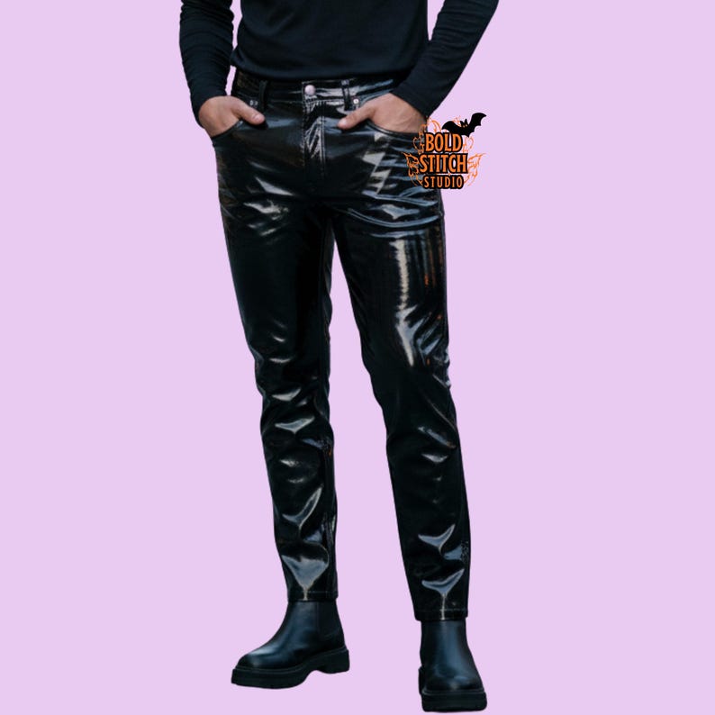 Pantalones unisex de vinilo negro – Pantalones ajustados de PVC brillante para estilo urbano y salidas nocturnas imagen 2