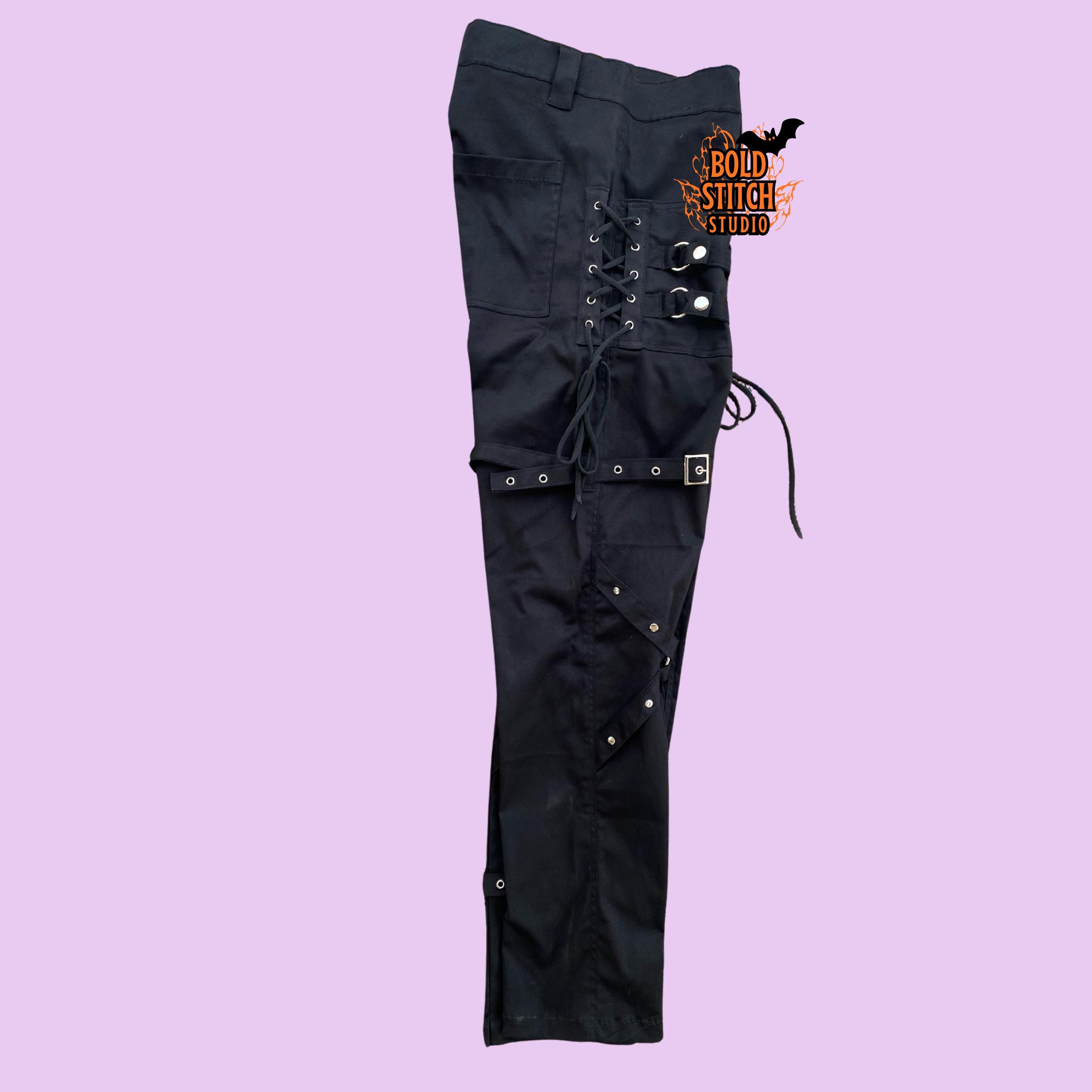 Black Bondage Pants Men, Gothic Strap Pants, Punk Lace up Pants
