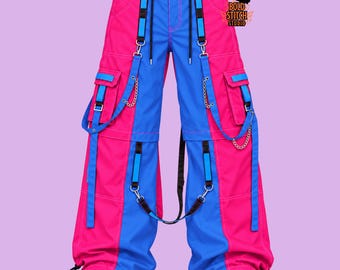 Pink Blue Cargo Pants, Cyberpunk Techwear Trousers, Y2K Rave Streetwear Pants, Wide Leg Utility Trousers, Alternative Festival Pants