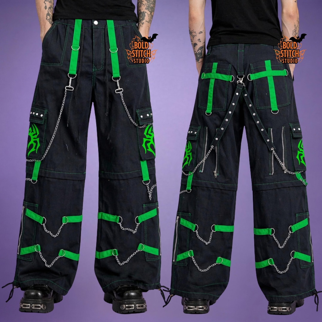 Cyberpunk Cargo Pants Black Green Strap Chain | Techwear