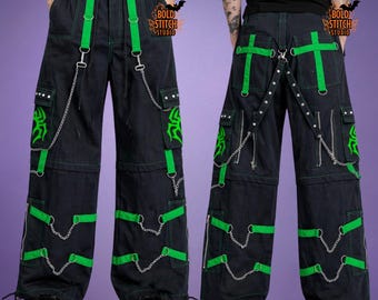 Cyberpunk Cargo Pants Black Green Strap Chain | Techwear Streetwear Pants Unisex | Gothic Punk Baggy Rave Bondage Trousers