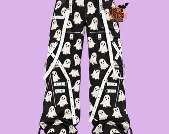 Ghost Print Techwear Pants, Black White Halloween Cargo Pants, Gothic Cyberpunk Trousers, Spooky Rave Pants, Alternative Streetwear