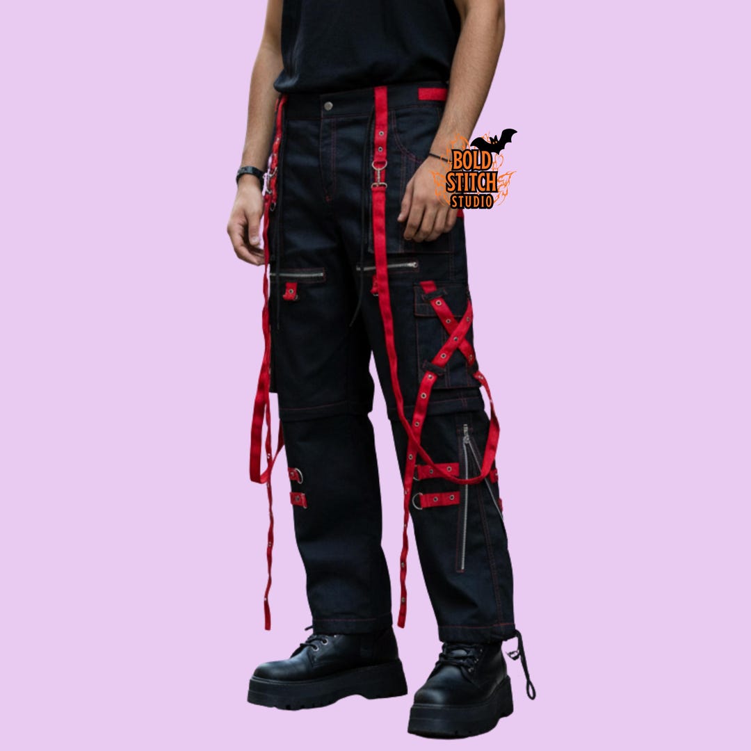 Black Red Gothic Techwear Cargo Pants, Punk Strap Bondage Pants