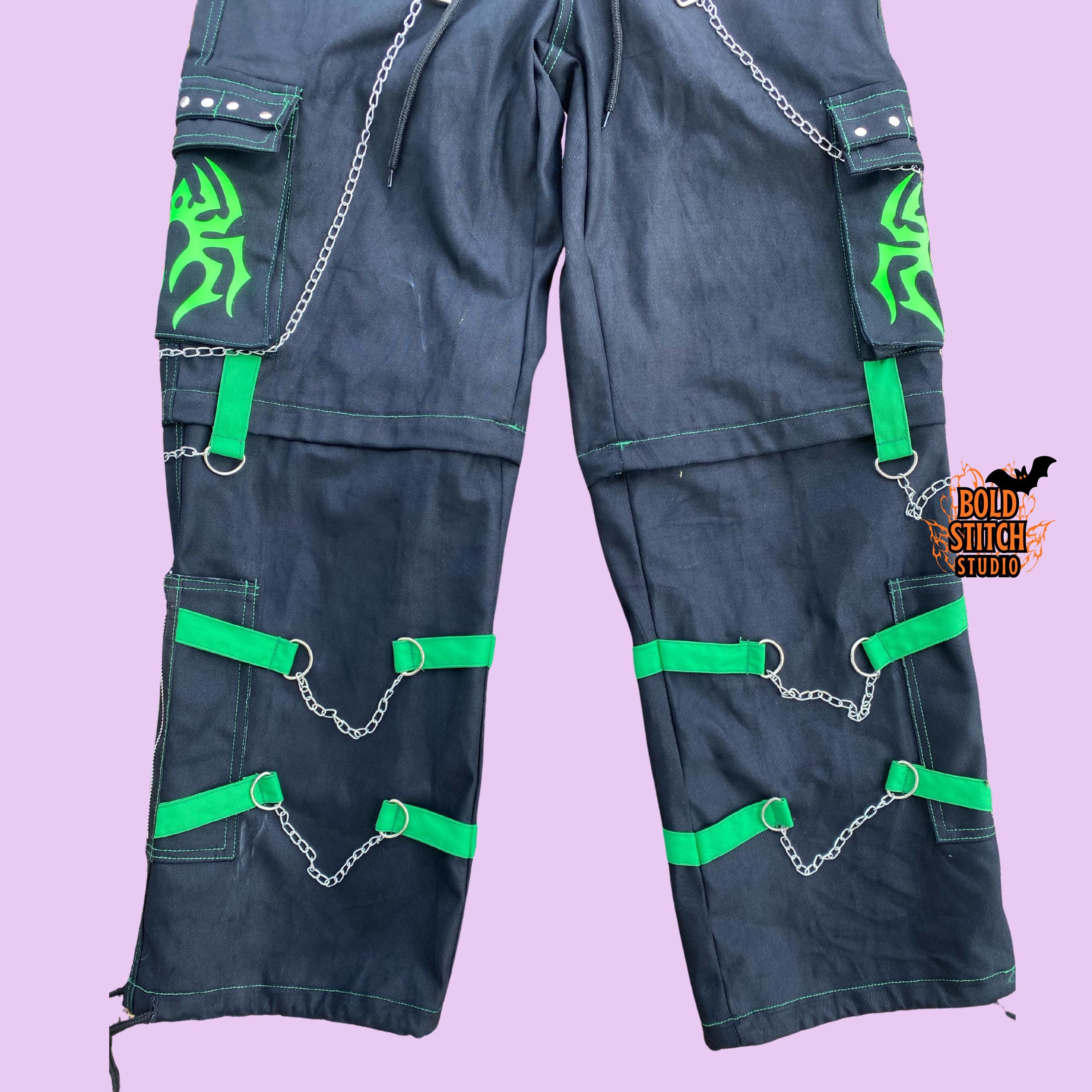 Cyberpunk Cargo Pants Black Green Strap Chain | Techwear