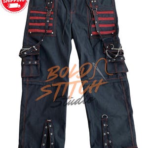 Cyber Goth Cargo Pants –  Black and Red, Industrial Fashion for Raves & Streetwear, Strapped Techwear Pants
