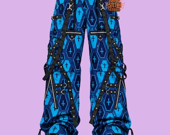 Blue Gothic Cross Cargo Pants, Wide Leg Techwear Trousers, Cyberpunk Alternative Pants, Gothic Streetwear, Baggy Strap Pants