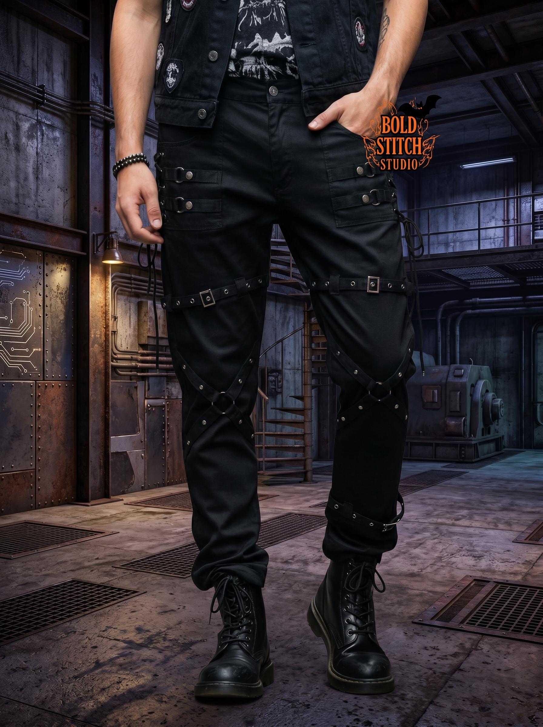 Black Bondage Pants Men, Gothic Strap Pants, Punk Lace up Pants