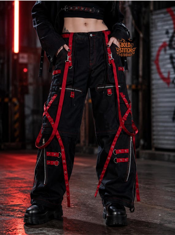 Black Red Techwear Cargo Pants | Gothic Punk Strap Pants