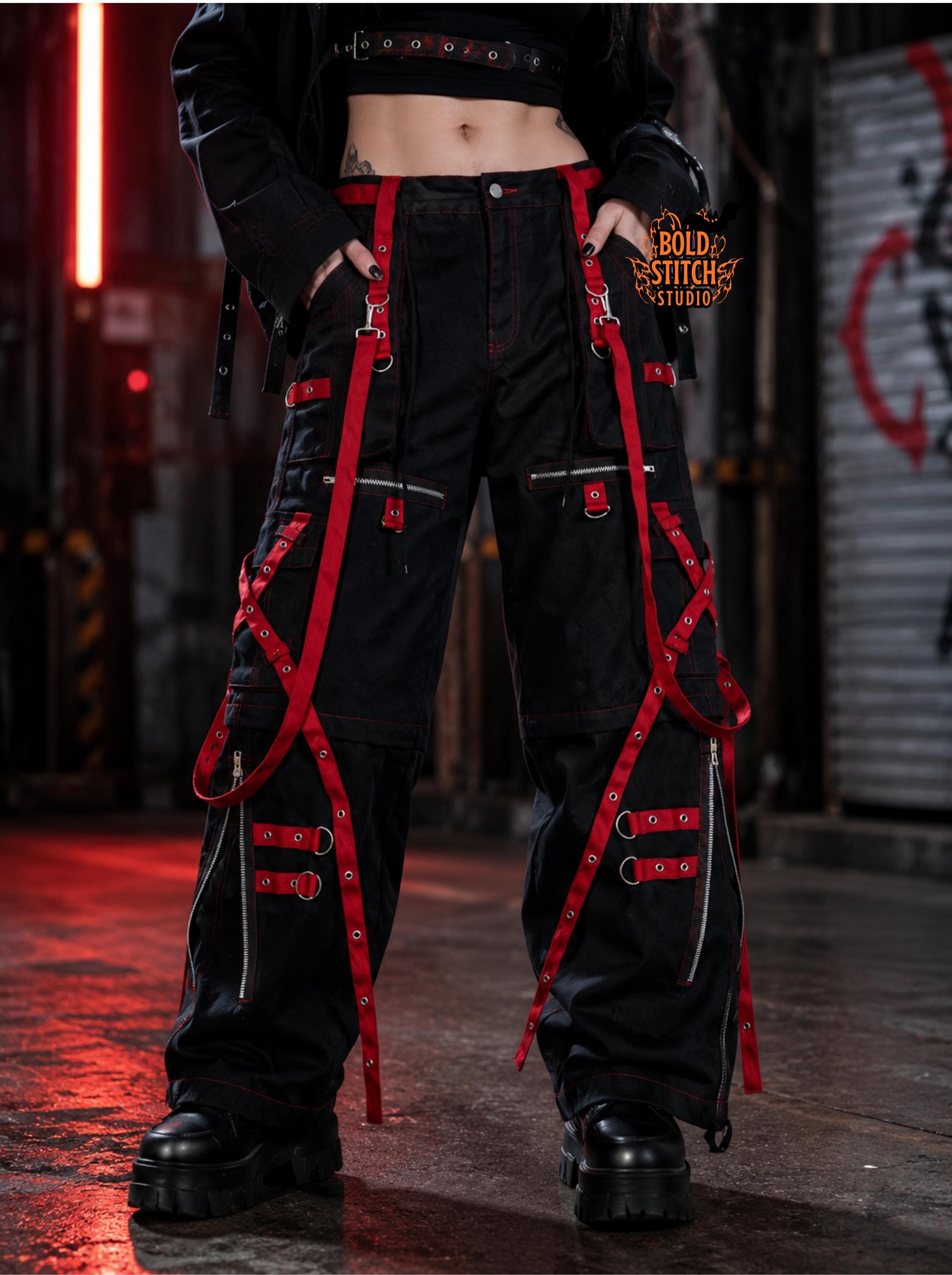 パンツ EL ROPA LOCO lace up bondage cargo pants Black Red Techwear Cargo Pants | Gothic Punk Strap Pants