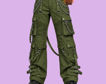 Olive Green Gothic Cargo Pants with Chains & Straps, Punk Multi Pocket Trousers, Cyberpunk Techwear Wide Leg Alt Clothing