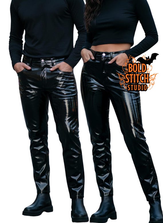Unisex Black Vinyl Pants – Slim Fit High-Shine PVC Trousers for Streetwear & Night Out
