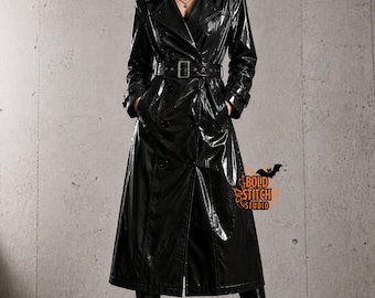 Black PVC Long Coat, Gothic Vinyl Trench Coat, Patent Look Jacket, Double Breasted Goth Coat, Belted Alternative Outerwear