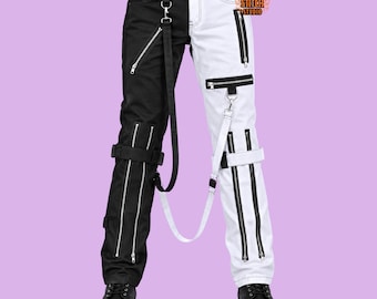 Pantalones Techwear bicolor blanco y negro – Pantalones cyberpunk con cremallera, pantalones góticos Harajuku Y2K streetwear, pantalones industriales rave alternativos