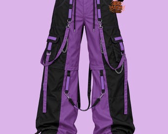 Purple and Black Gothic Cargo Pants, Cyberpunk Wide Leg Pants with Straps and Chains, Punk Techwear Trousers, Alternative Streetwear