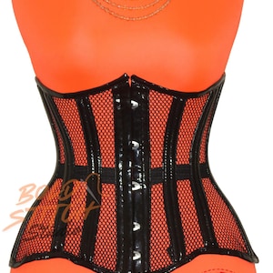 Black PVC Mesh Underbust Corset - Lace Up Back Corset for Women - Gothic Fetish Corset - Burlesque Lingerie - Shiny Vinyl Waist Trainer