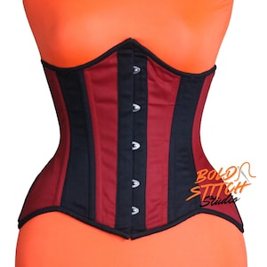 Red & Black Steel Boned Underbust Corset: Gothic Waist Trainer