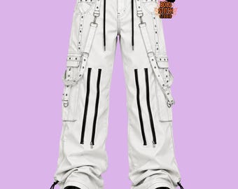 White Techwear Cargo Pants, Cyber Goth Streetwear Trousers, Industrial Strap Pants with Zippers, Rave Utility Pants