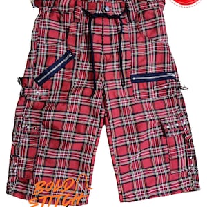 Red Plaid Cargo Shorts Men’s Streetwear | Punk Grunge Shorts with Zippers | Tartan Skate Shorts | Hip Hop Utility Shorts