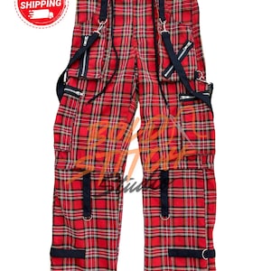 Red Tartan Punk Pants with Straps, Gothic Grunge Streetwear, Zip Cargo Bondage Pants | Alternative Emo Y2K Pants, Unisex Festival Rave Pants