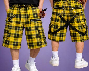Cargo Shorts Gelb Kariert | Punk Streetwear mit Reißverschlusstaschen