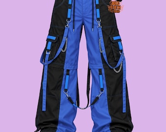 Blue and Black Gothic Cargo Pants, Cyberpunk Wide Leg Pants with Chains and Straps, Punk Techwear Trousers, Alternative Streetwear Clothing