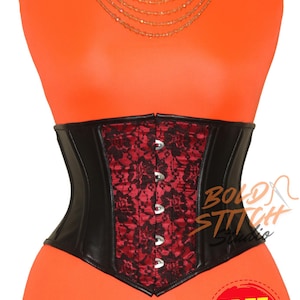 Red Lace & Black Faux Leather Underbust Corset: Steel Boned Waist Cincher