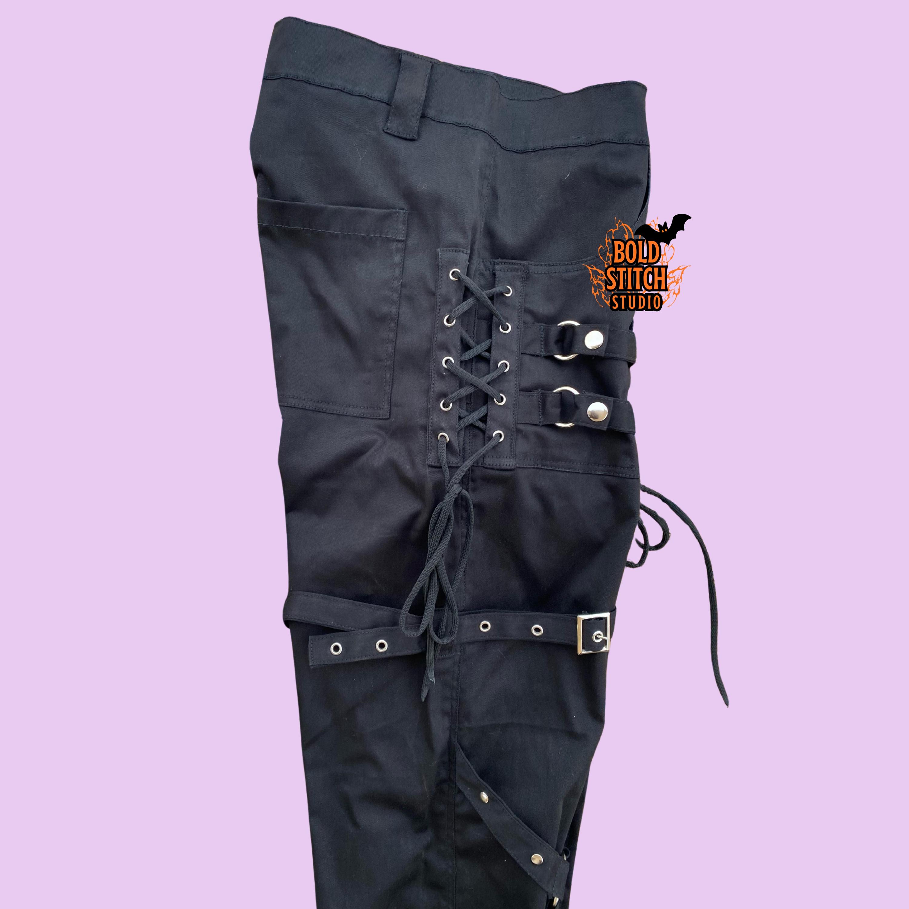 Black Bondage Pants Men, Gothic Strap Pants, Punk Lace up Pants
