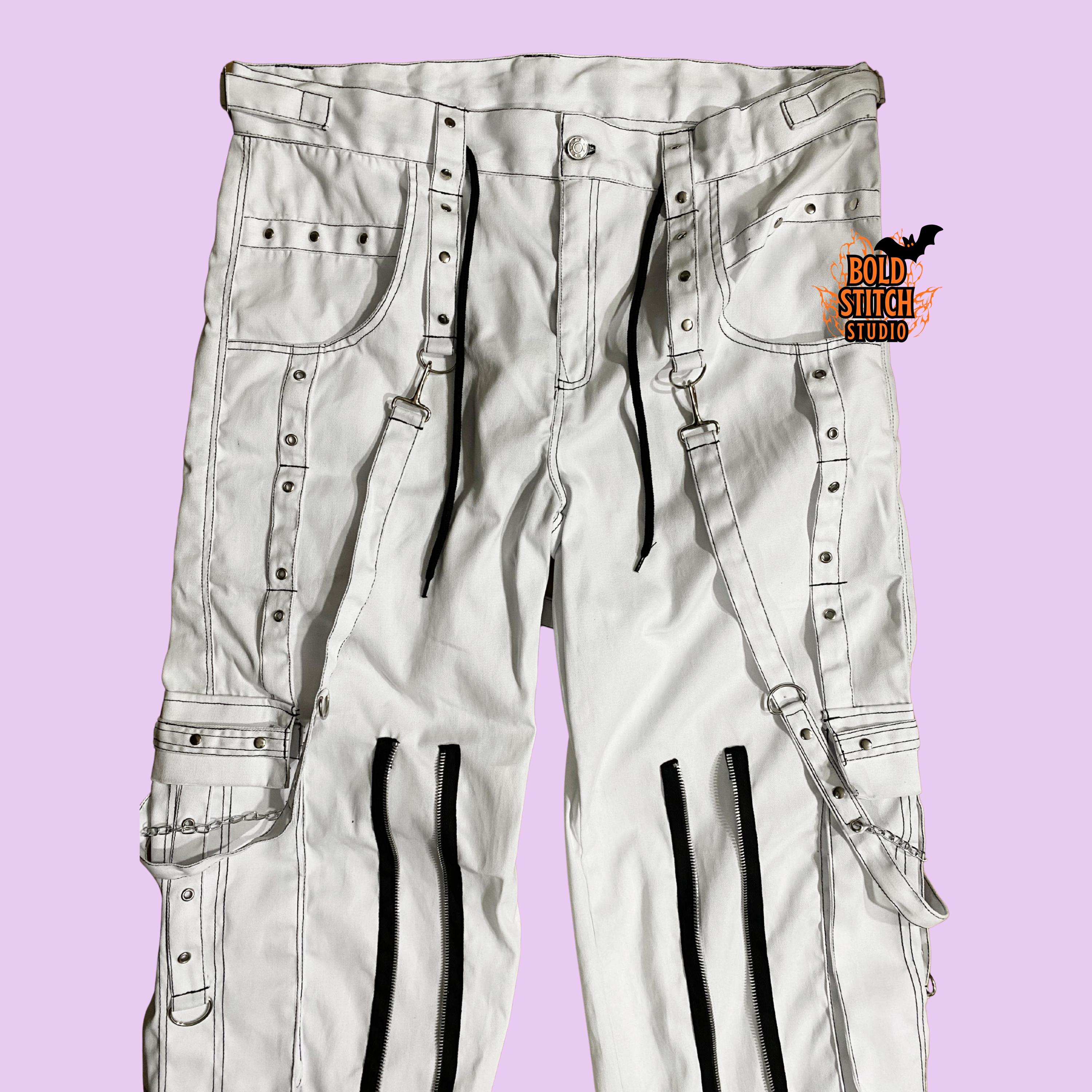 White Techwear Cargo Pants, Cyber Goth Streetwear Trousers