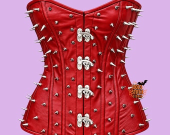 Leather Overbust Corset, Red Studded Corset, Gothic Punk Corset Top, Spiked Waist Corset, Alternative Fashion, Custom Size
