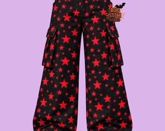 Black Red Star Cargo Pants, Wide Leg Gothic Trousers, Alternative Streetwear Pants, Red Star Baggy Pants, Festival Rave Clothing