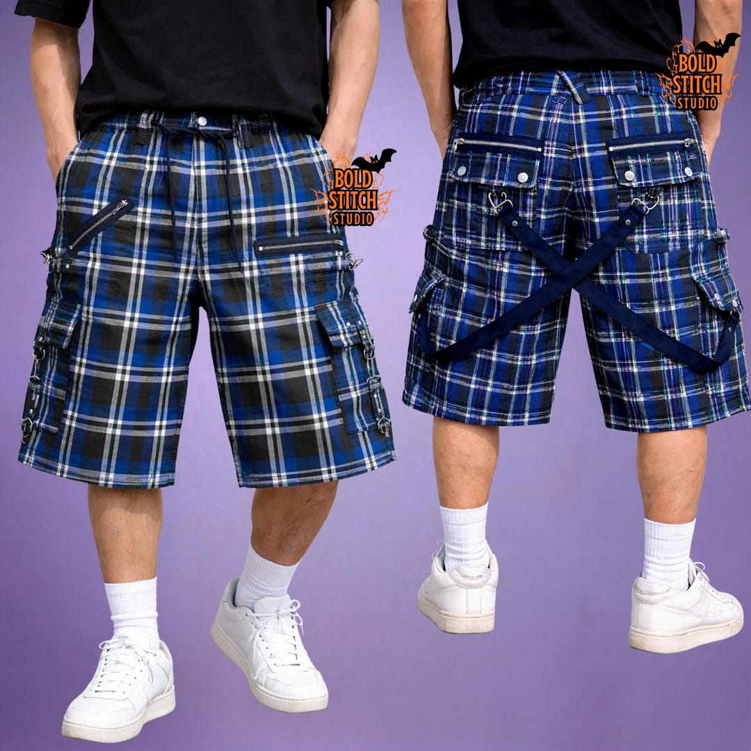 Blue Plaid Cargo Shorts Men | Grunge Streetwear Shorts | Tartan