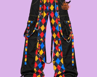 Gothic Cargo Pants Colorful, Black Wide Leg Pants with Geometric Straps, Punk Cyberpunk Techwear Trousers, Alternative Festival Clothing