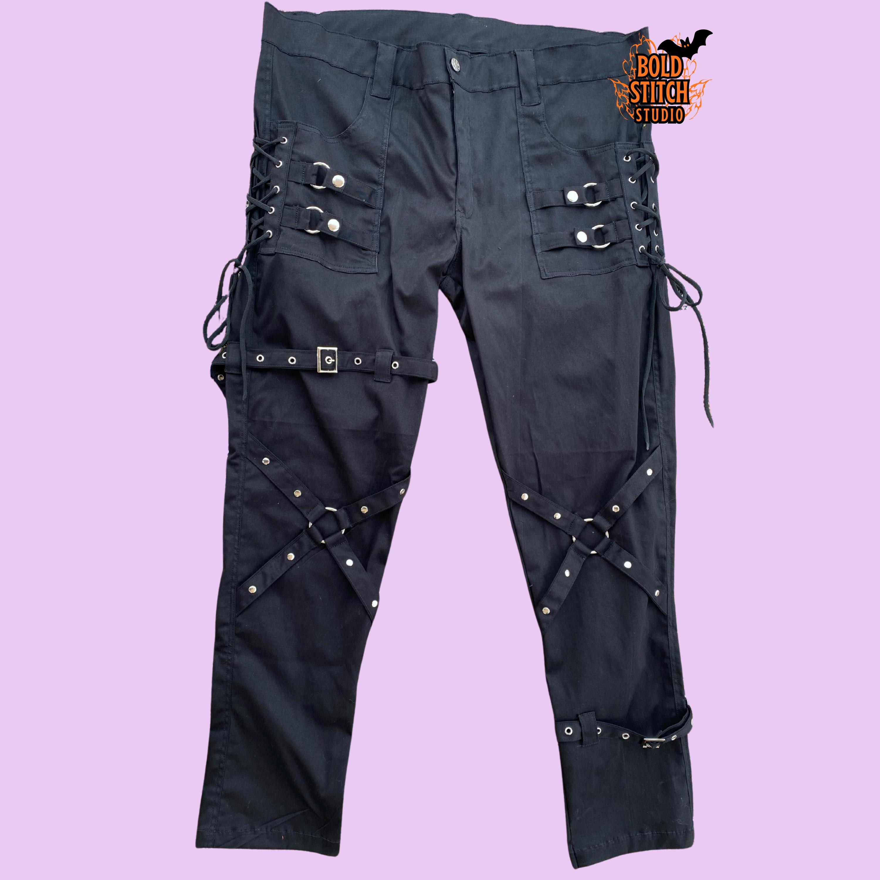 Black Bondage Pants Men, Gothic Strap Pants, Punk Lace up Pants