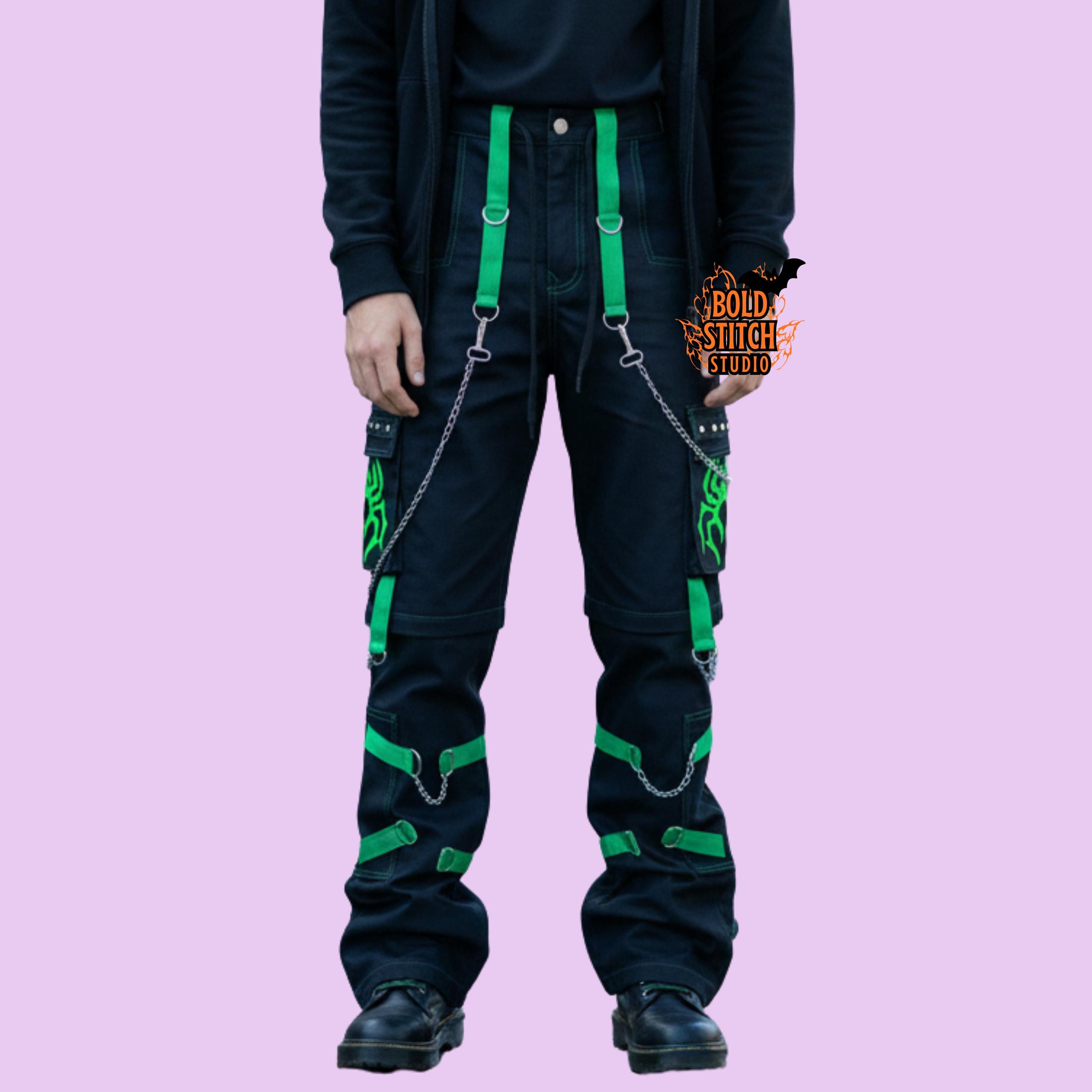 Cyberpunk Cargo Pants Black Green Strap Chain | Techwear