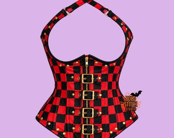 Red Black Underbust Corset, Checkered Gothic Corset, Alternative Waist Cincher, Harlequin Corset, Halloween Festival Corset, Custom Size