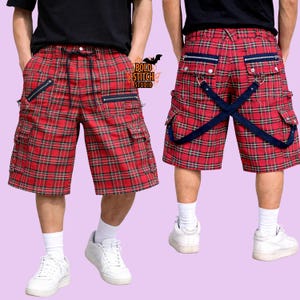 Calções cargo xadrez vermelho | Estilo punk streetwear com bolsos com zíper